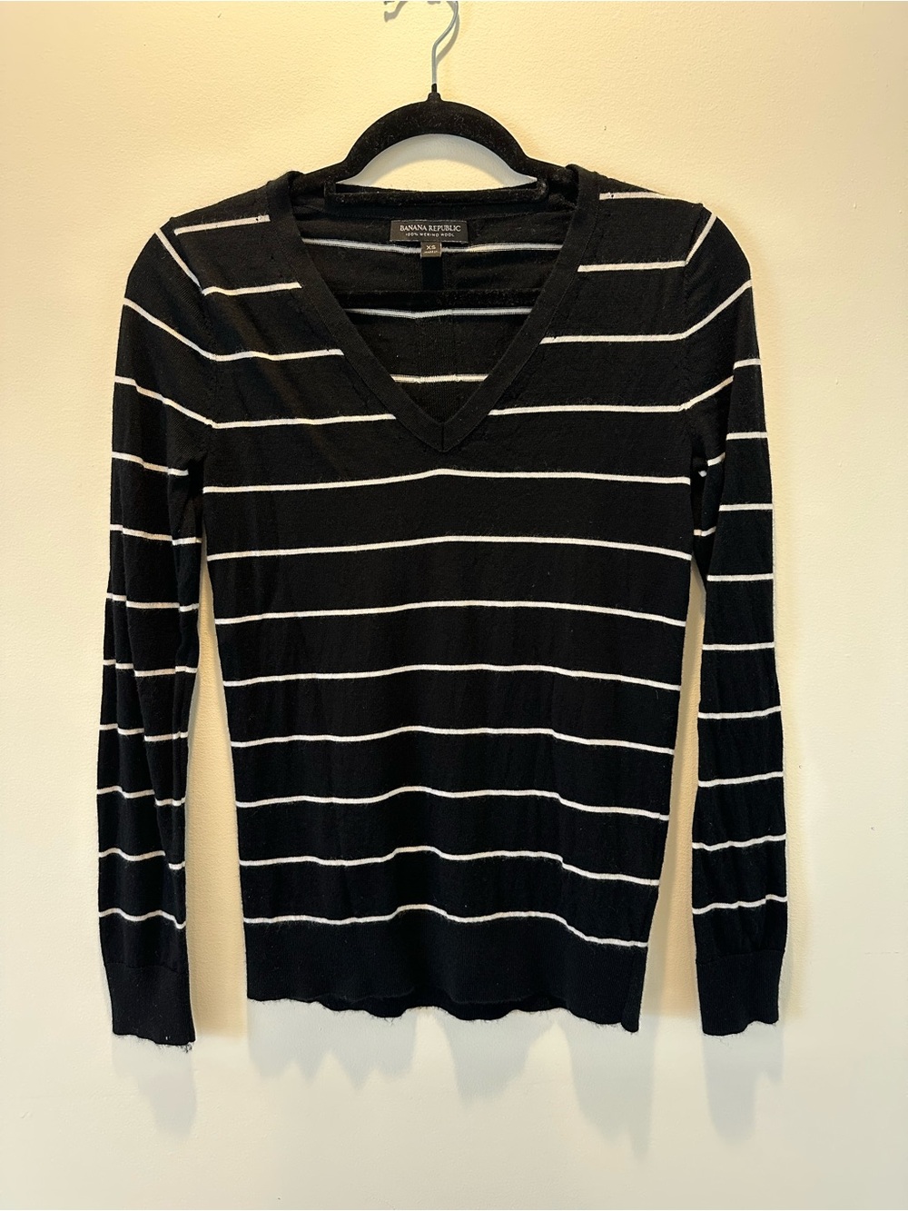 Banana Republic Black V-Neck Sweater with White Stripes